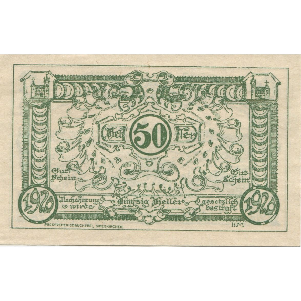 Banknote, Austria, Grieskirchen, 50 Heller, paysage 1920 UNC(63) Mehl:FS 288IIIa