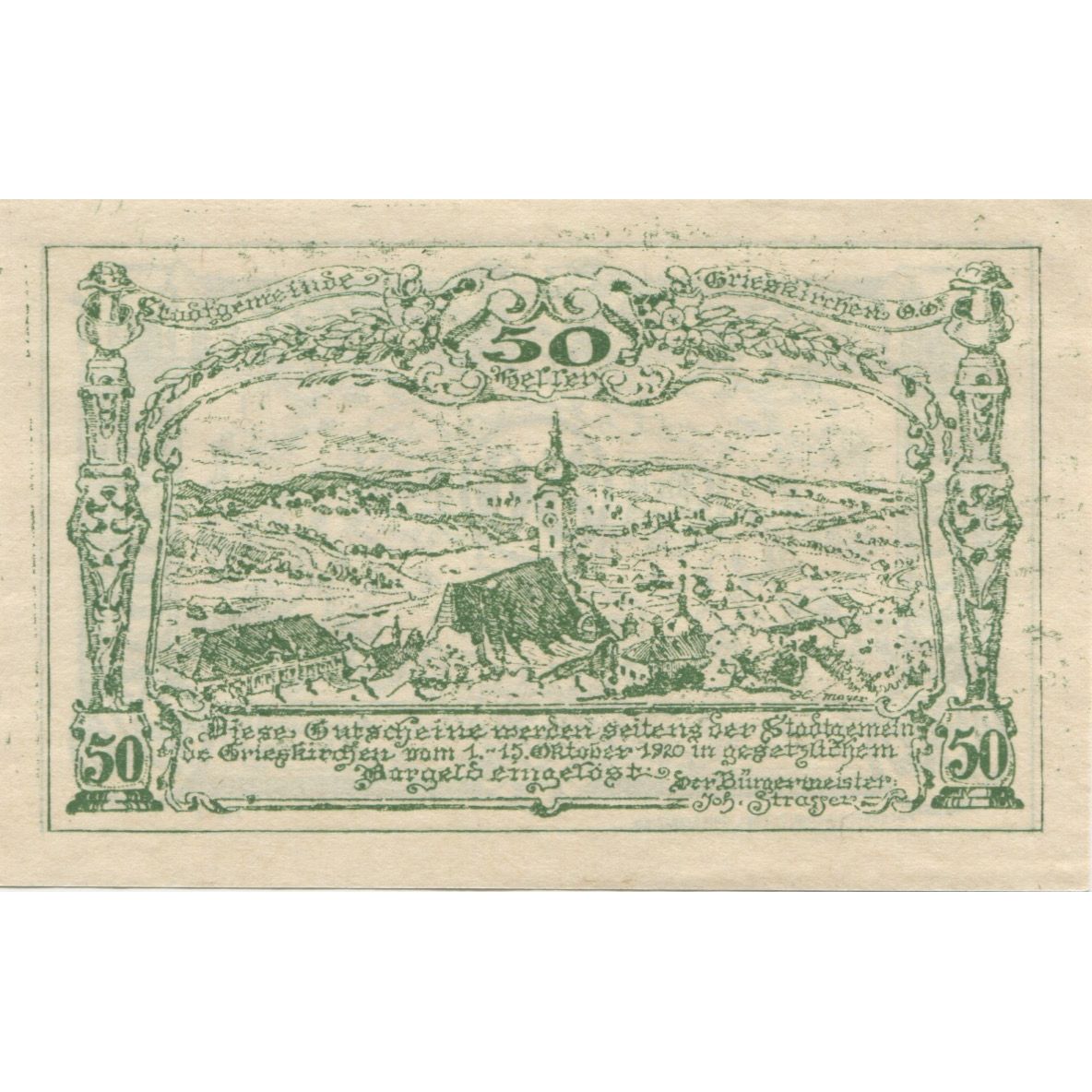 Banknote, Austria, Grieskirchen, 50 Heller, paysage 1920 UNC(63) Mehl:FS 288IIIa