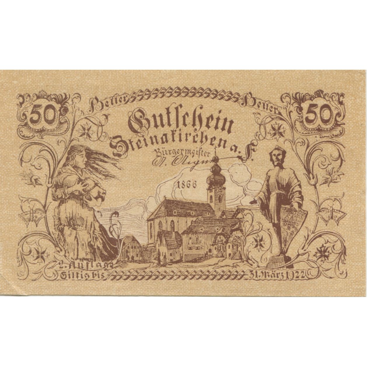 Banknote Austria Steinakirchen 50 Heller village 1922 UNC(60-62) Mehl:FS 1017IIa