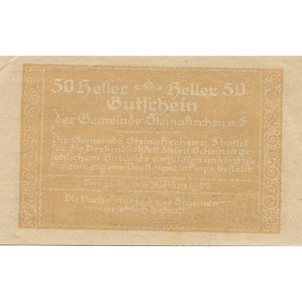 Banknote Austria Steinakirchen 50 Heller village 1922 UNC(60-62) Mehl:FS 1017IIa