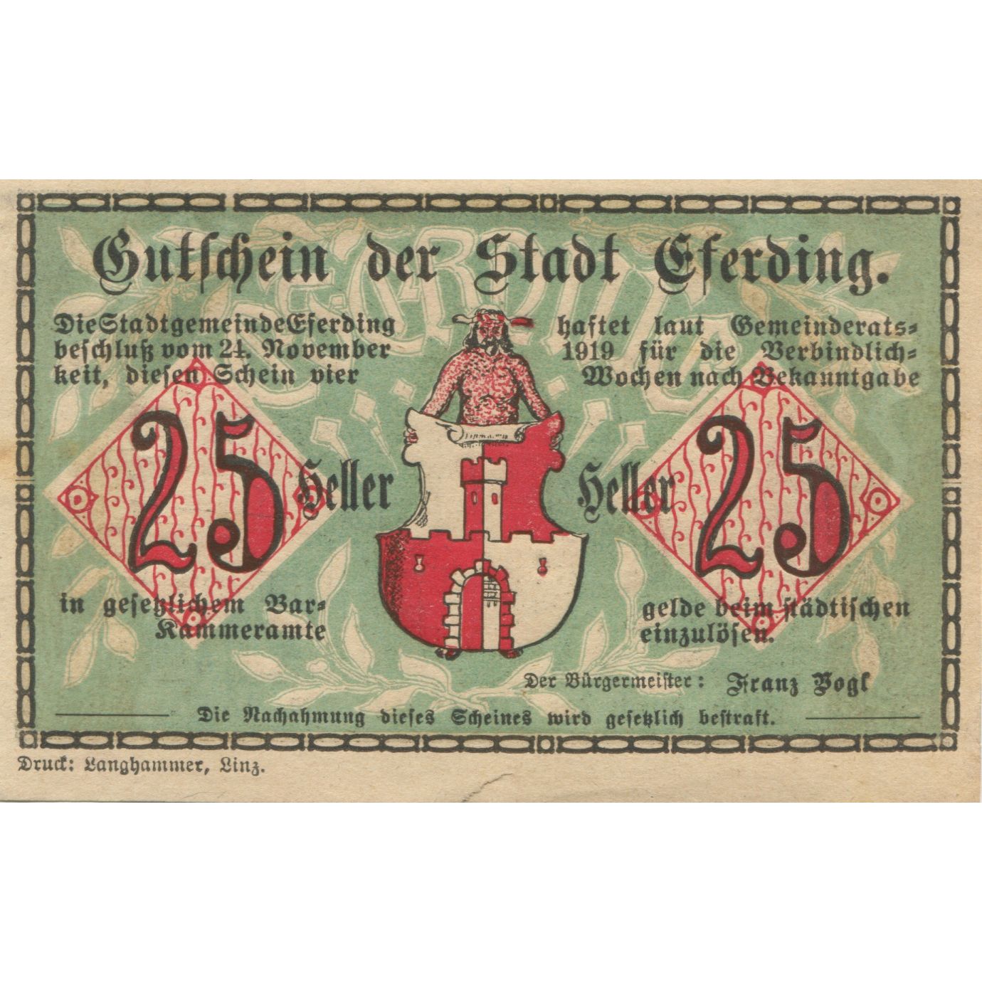 Banknote, Austria, Eferding, 25 Heller, Blason, 1919, UNC(63), Mehl:FS 152
