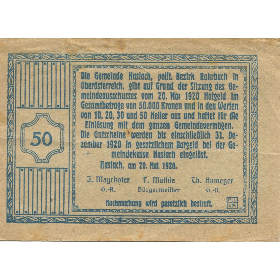 Banknote, Austria, Haslach, 50 Heller, rue 1920-12-31, EF(40-45), Mehl:FS 355