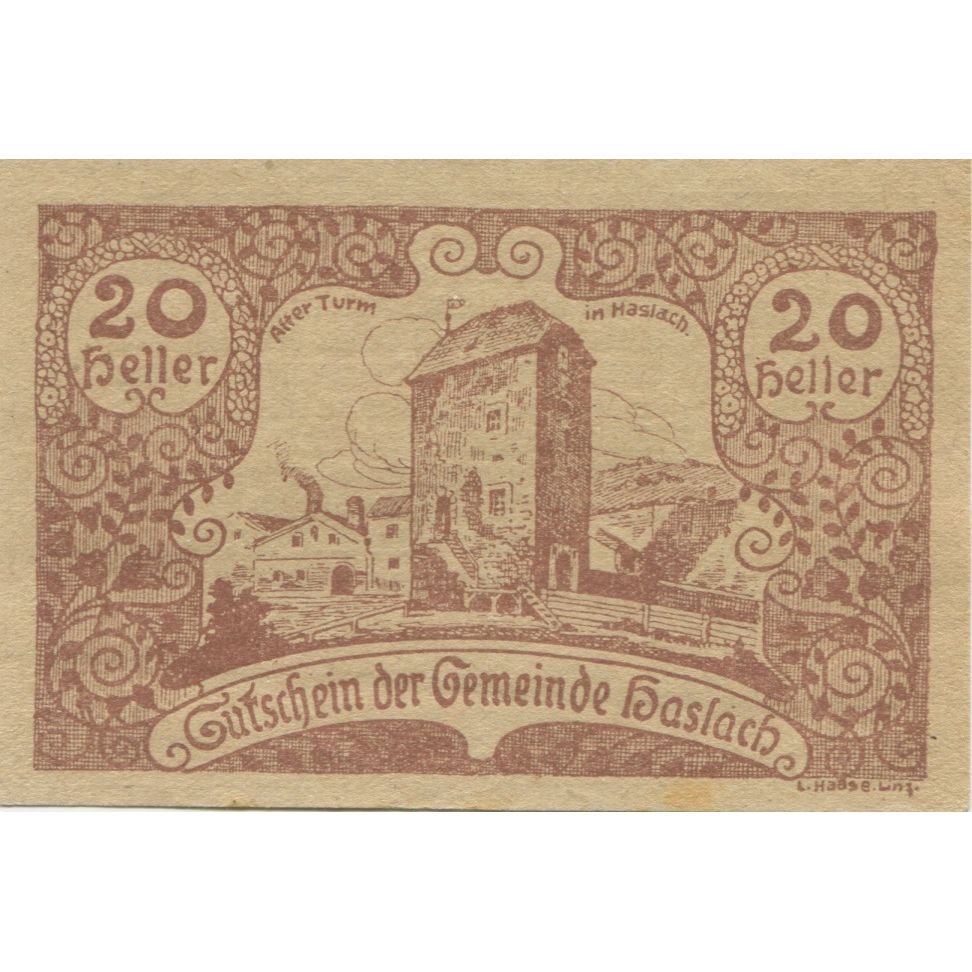 Banknote, Austria, Haslach, 20 Heller, château, 1920, UNC(63) Mehl:FS 355