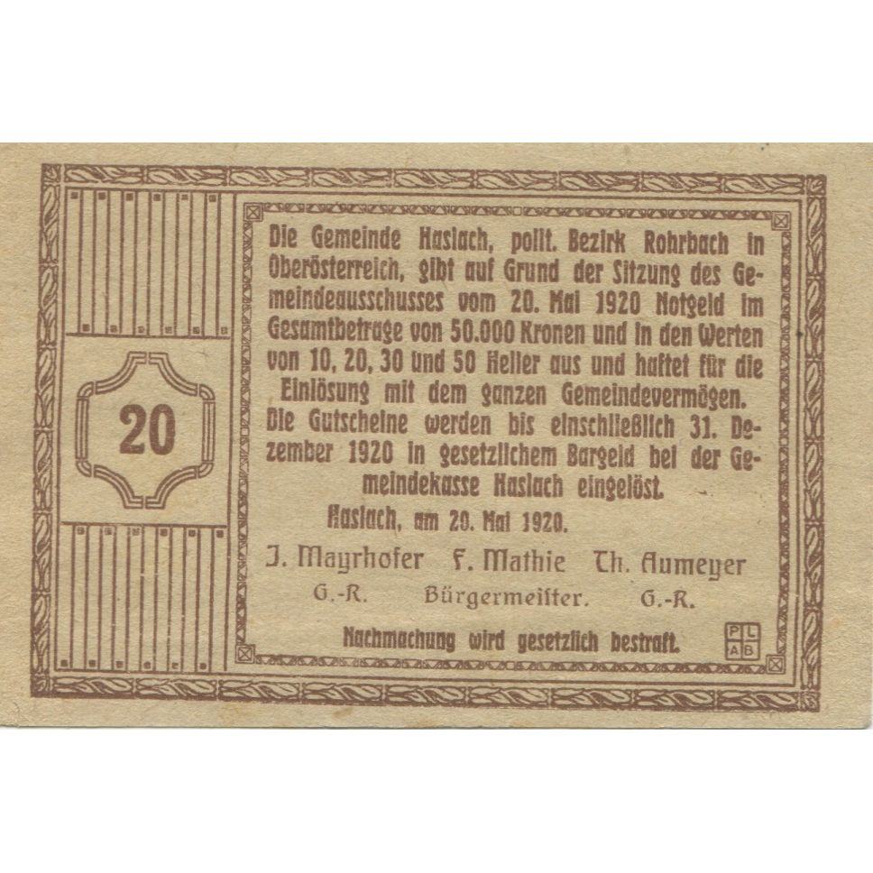 Banknote, Austria, Haslach, 20 Heller, château, 1920, UNC(63) Mehl:FS 355