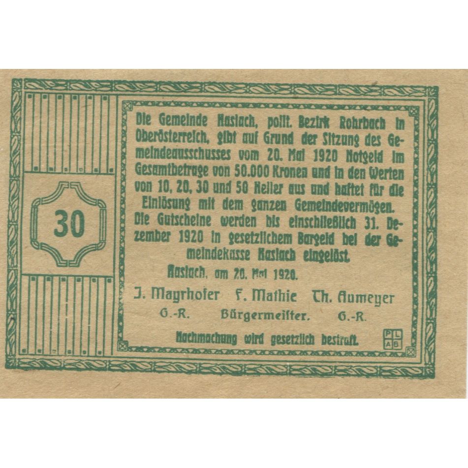 Banknote, Austria, Haslach, 30 Heller, Eglise, 1920, UNC(63) Mehl:FS 355