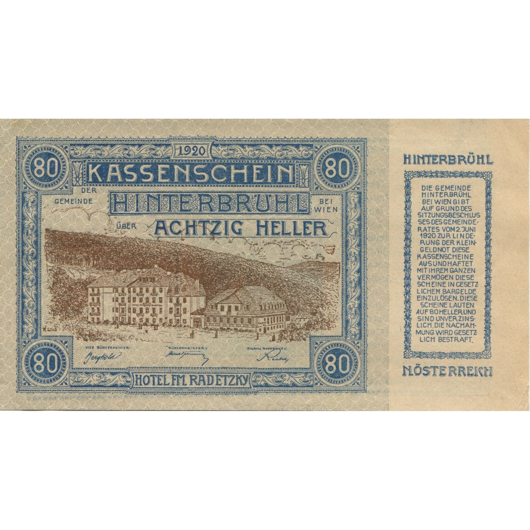 Banknote, Austria, Hinterbrühl, 80 Heller, chalet, 1920, UNC(63) Mehl:FS 376Ia