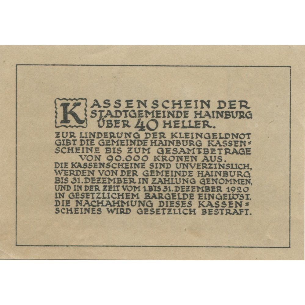 Banknote, Austria, Hainburg, 40 Heller, village, 1920 UNC(63) Mehl:FS 337a