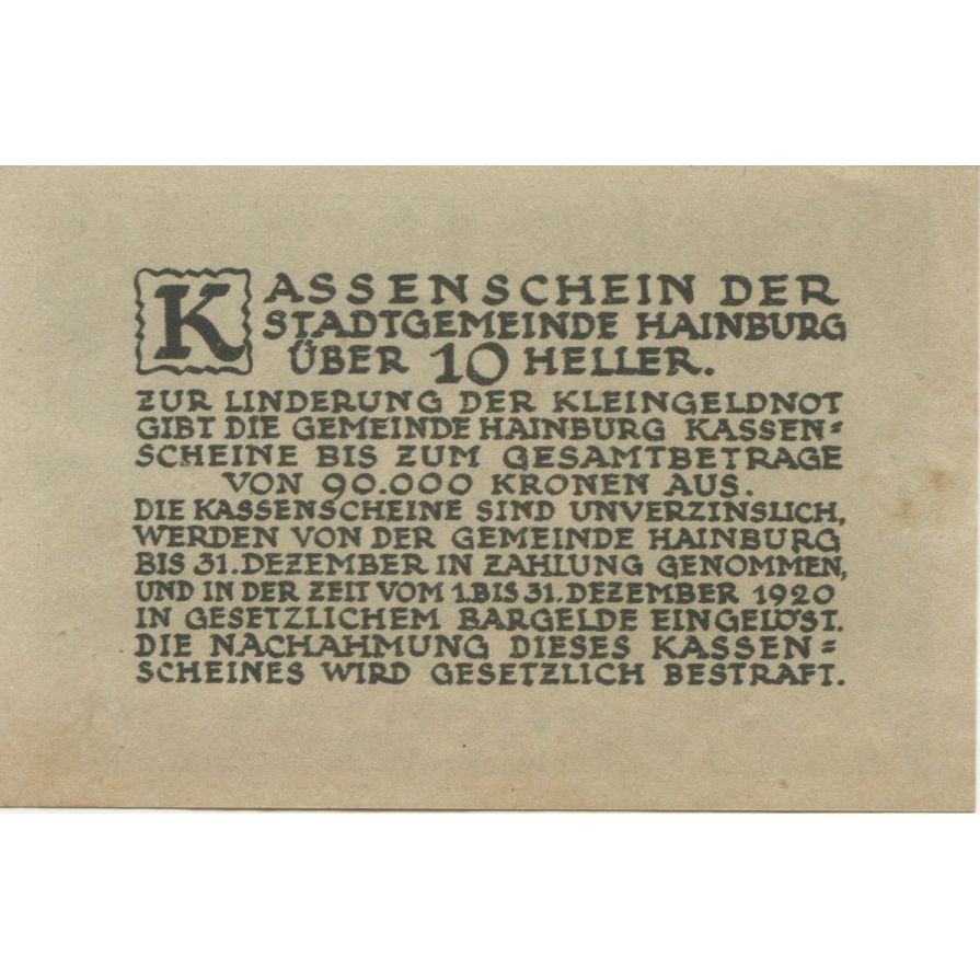 Banknote, Austria, Hainburg, 10 Heller, Lion, 1920 UNC(60-62) Mehl:FS 337a