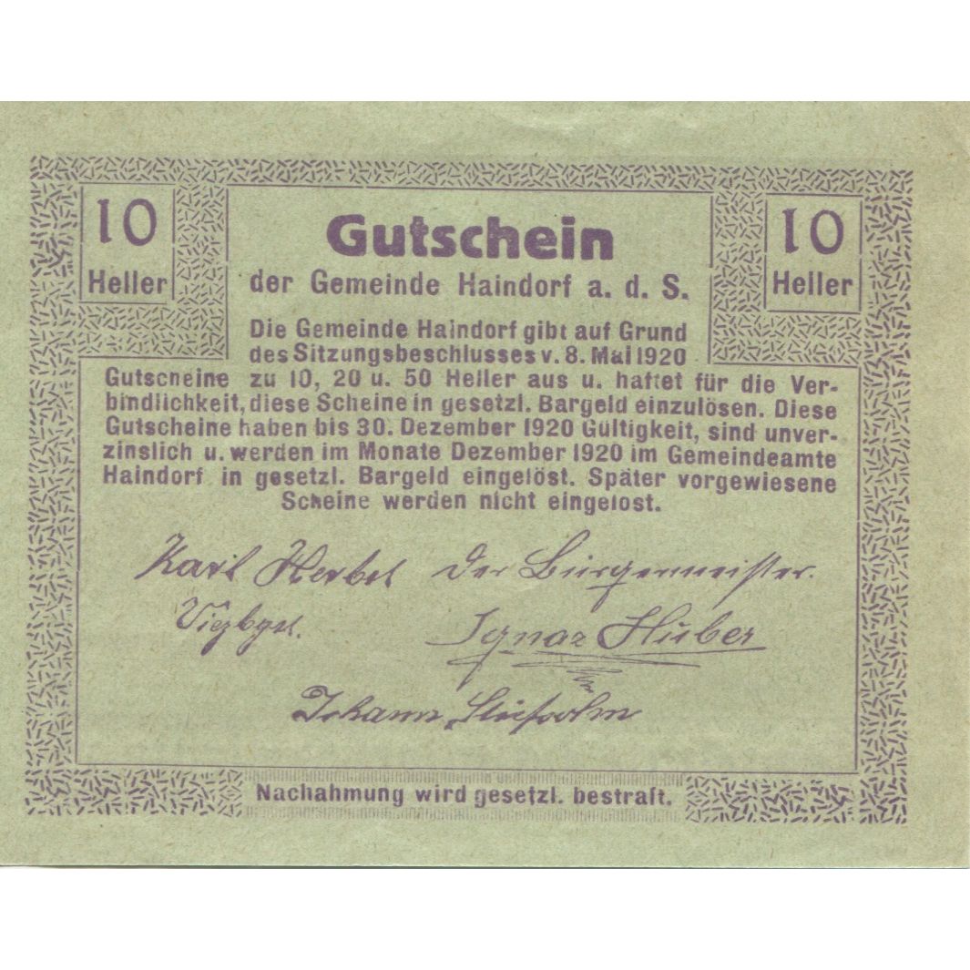 Banknote, Austria, Haindorf, 10 Heller, Eglise, 1920 UNC(63) Mehl:FS 339