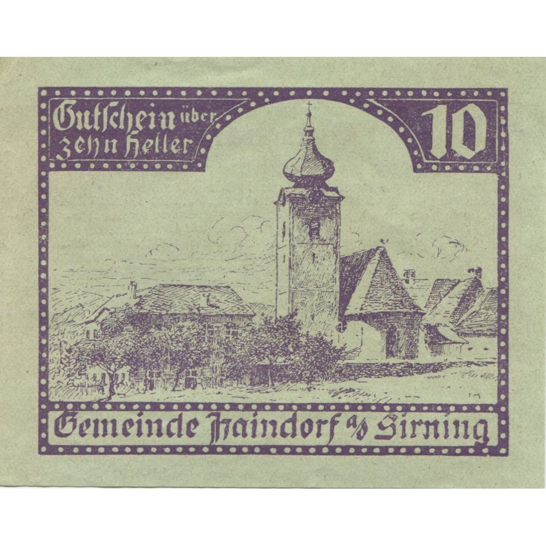 Banknote, Austria, Haindorf, 10 Heller, Eglise, 1920 UNC(63) Mehl:FS 339