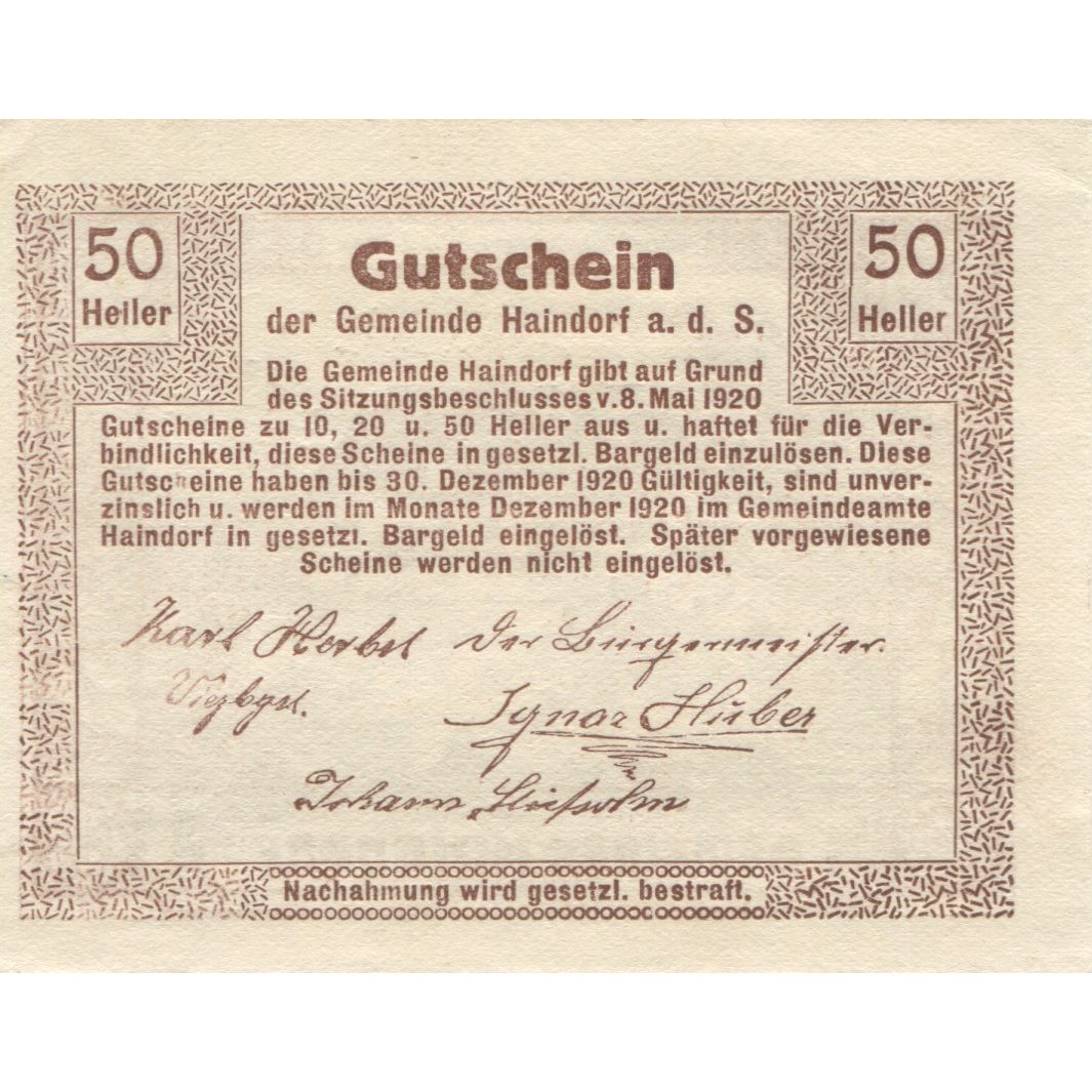 Banknote, Austria, Haindorf, 50 Heller, château, 1920 UNC(63) Mehl:FS 339