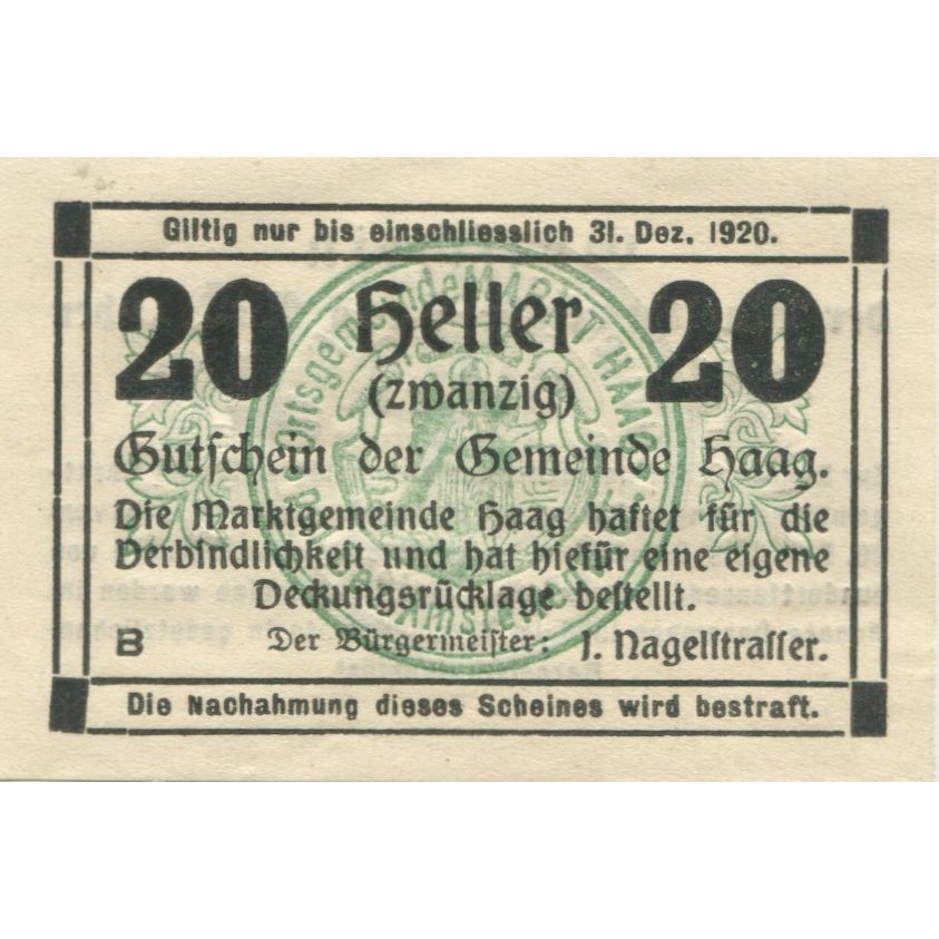 Banknote, Austria, Haag, 20 Heller, Texte, 1920, UNC(63), Mehl:FS 322a