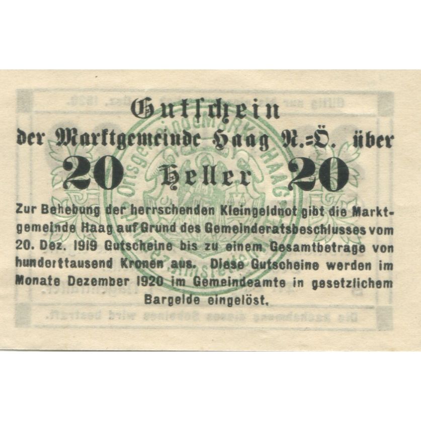 Banknote, Austria, Haag, 20 Heller, Texte, 1920, UNC(63), Mehl:FS 322a