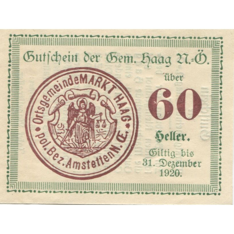 Banknote, Austria, Haag, 60 Heller, Blason, 1920, UNC(63), Mehl:FS 322a