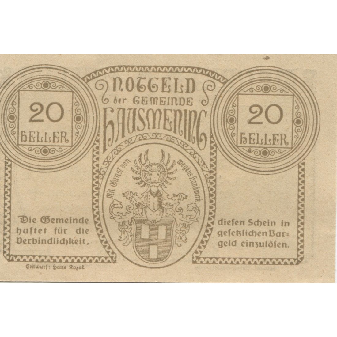 Banknote, Austria, Hausmening, 20 Heller, Blason, 1920 UNC(63) Mehl:FS 358Ia