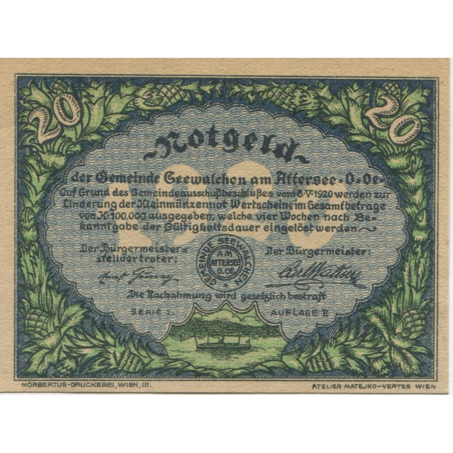 Banknote, Austria, Attersee, 20 Heller, lac, 1920, UNC(63), Mehl:FS 988a