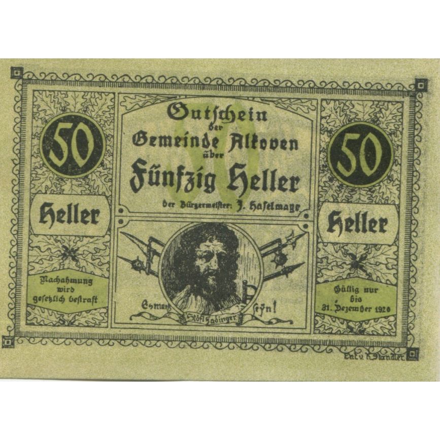 Banknote, Austria, Alkoven, 50 Heller, guerre, 1920, UNC(63) Mehl:FS 18II