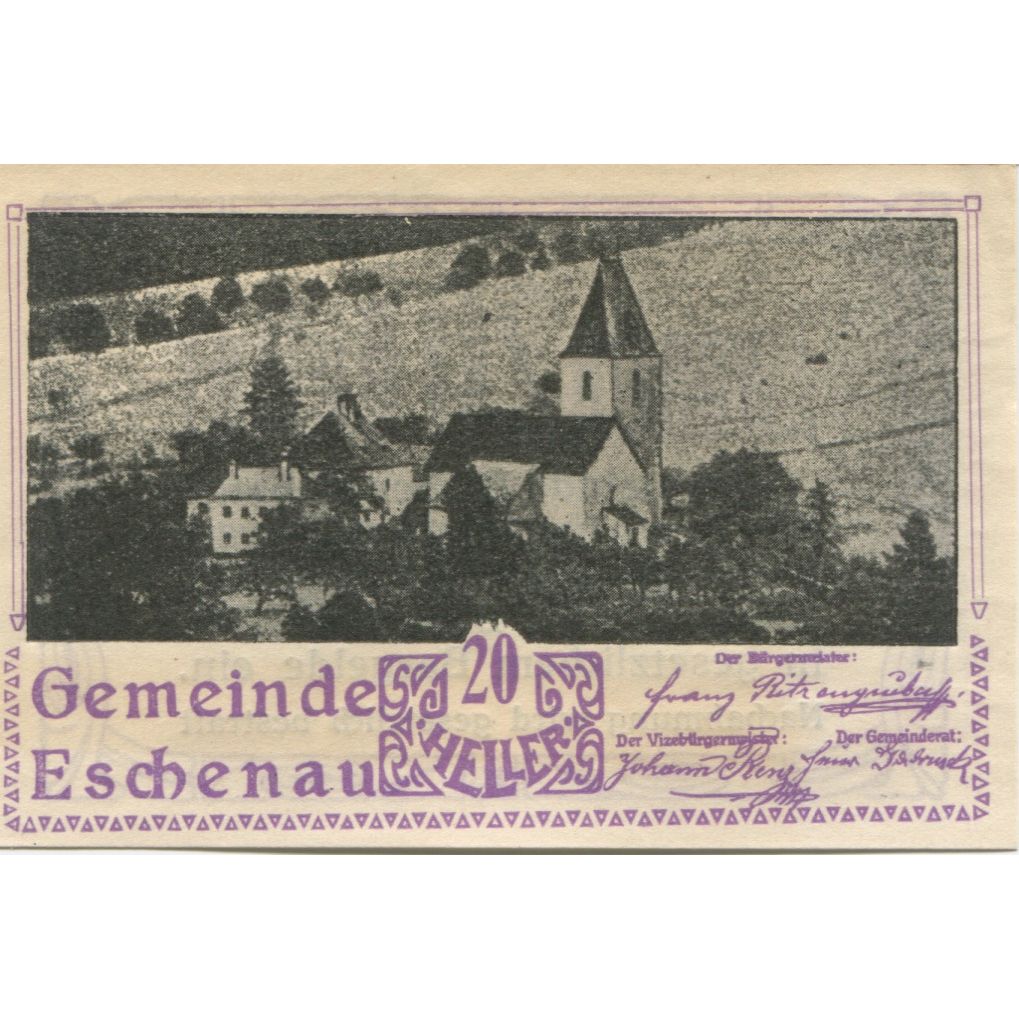 Banknote, Austria, Eschenau, 20 Heller, village, 1920 UNC(63) Mehl:FS 186c