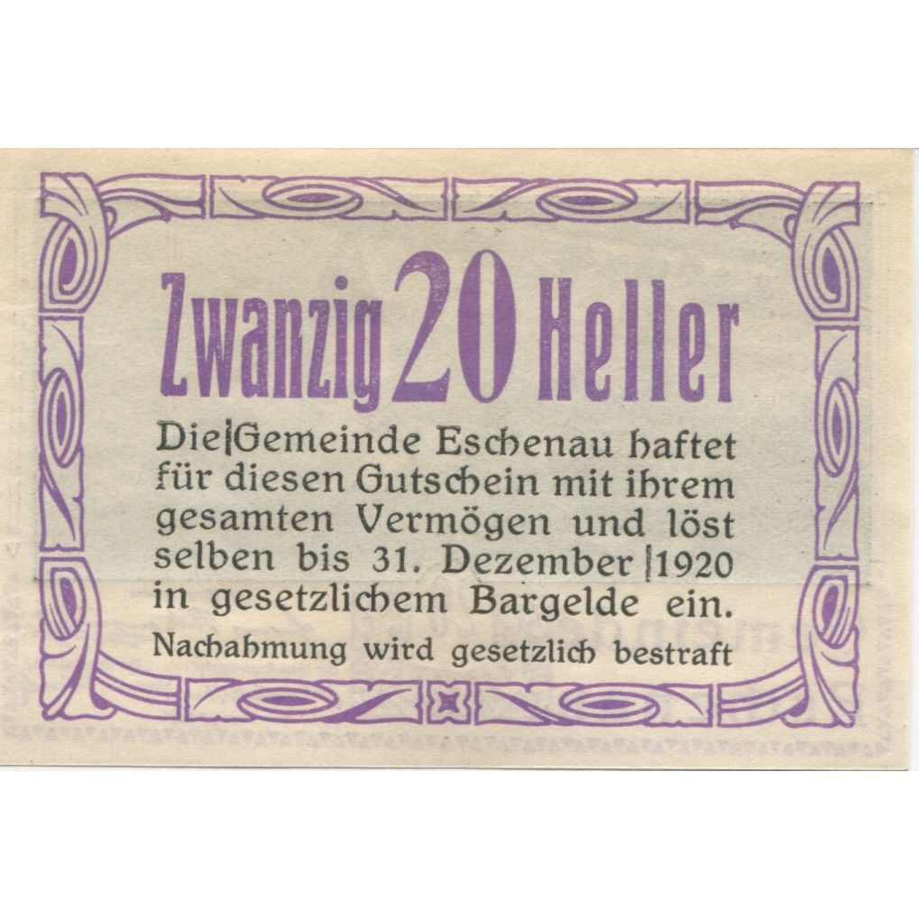 Banknote, Austria, Eschenau, 20 Heller, village, 1920 UNC(63) Mehl:FS 186c