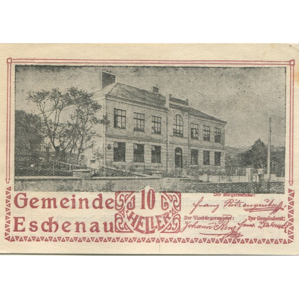Banknote, Austria, Eschenau, 10 Heller, Batiment, 1920 UNC(63) Mehl:FS 186c
