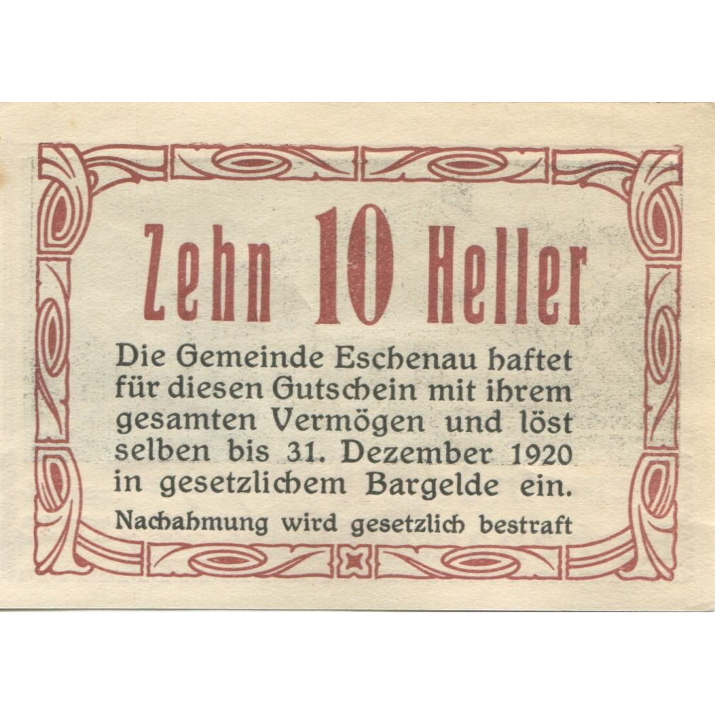 Banknote, Austria, Eschenau, 10 Heller, Batiment, 1920 UNC(63) Mehl:FS 186c