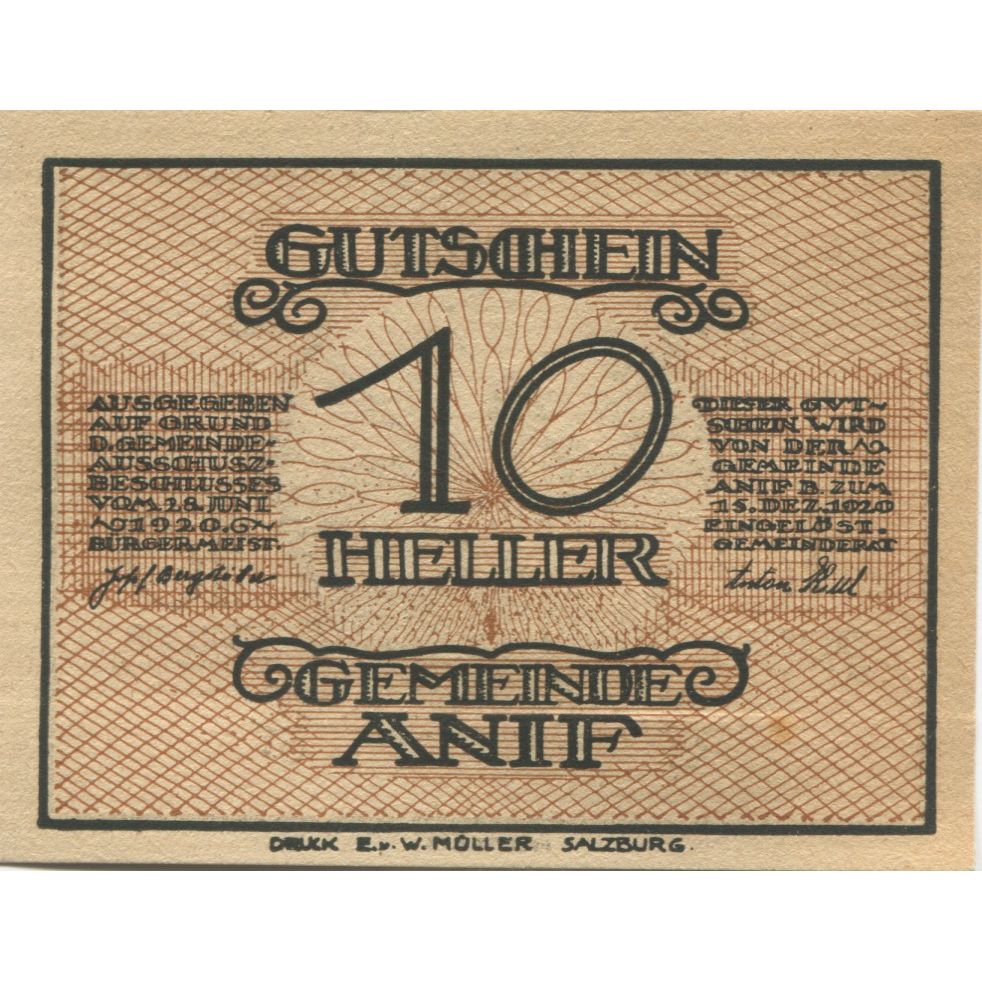 Banknote, Austria, Anif, 10 Heller, village 1920-12-15, UNC(63), Mehl:FS 43a