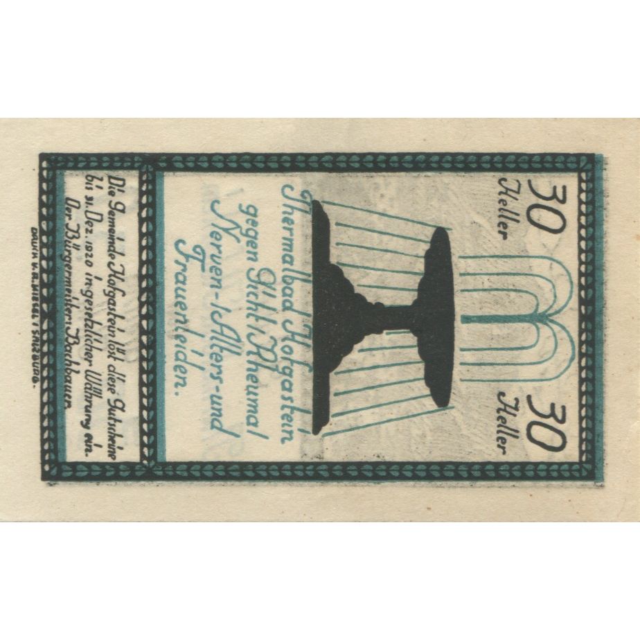 Banknote, Austria, Hofgastein, 30 Heller, montagne, 1920 UNC(63) Mehl:FS 384Ia