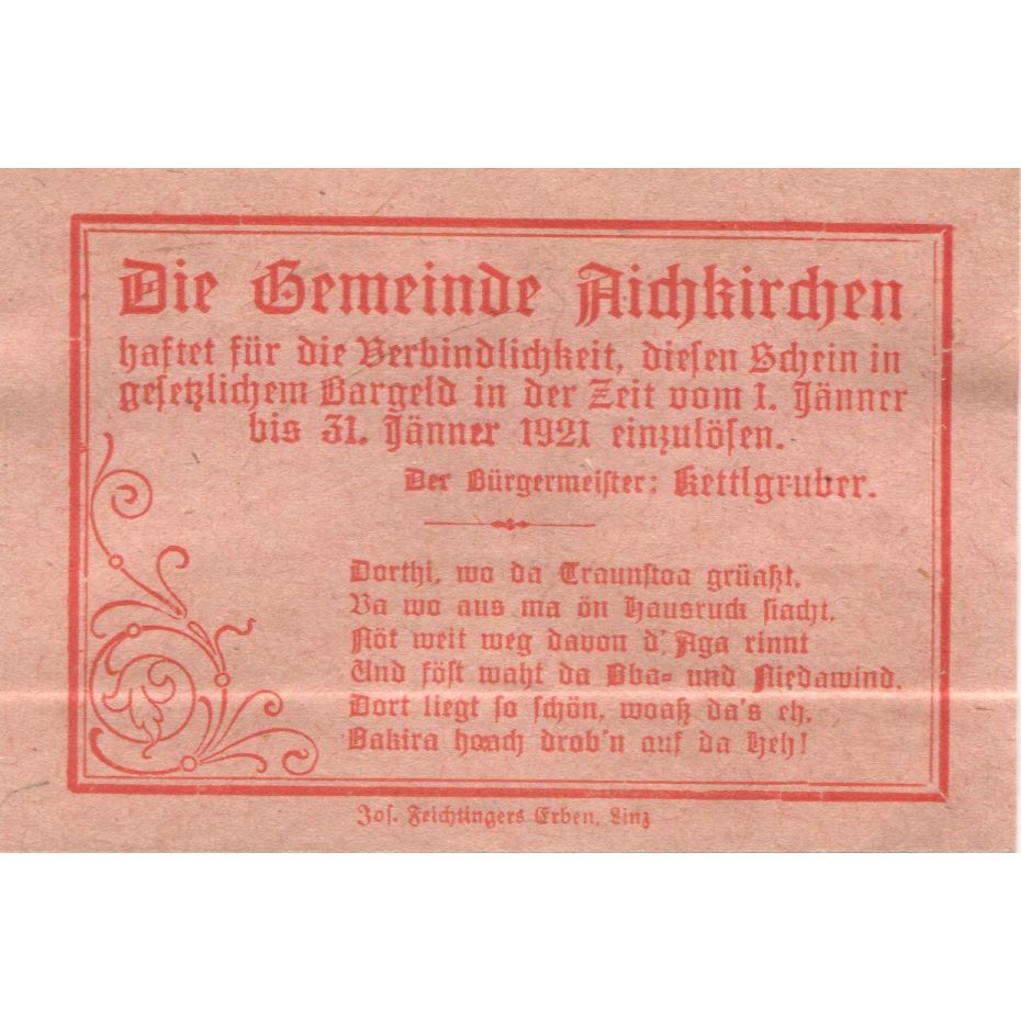 Banknote, Austria, Aichkirchen, 10 Heller, Texte, 1921 UNC(63) Mehl:FS 11