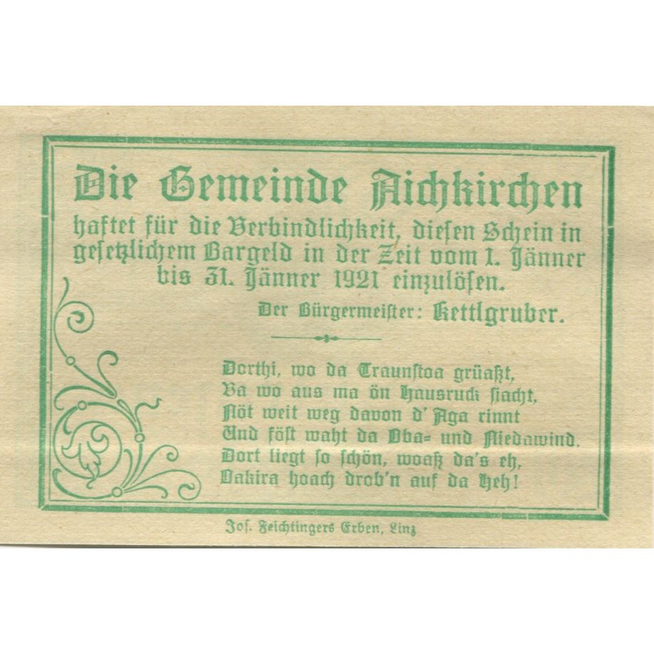 Banknote, Austria, Aichkirchen, 20 Heller, Texte, 1921 UNC(63) Mehl:FS 11