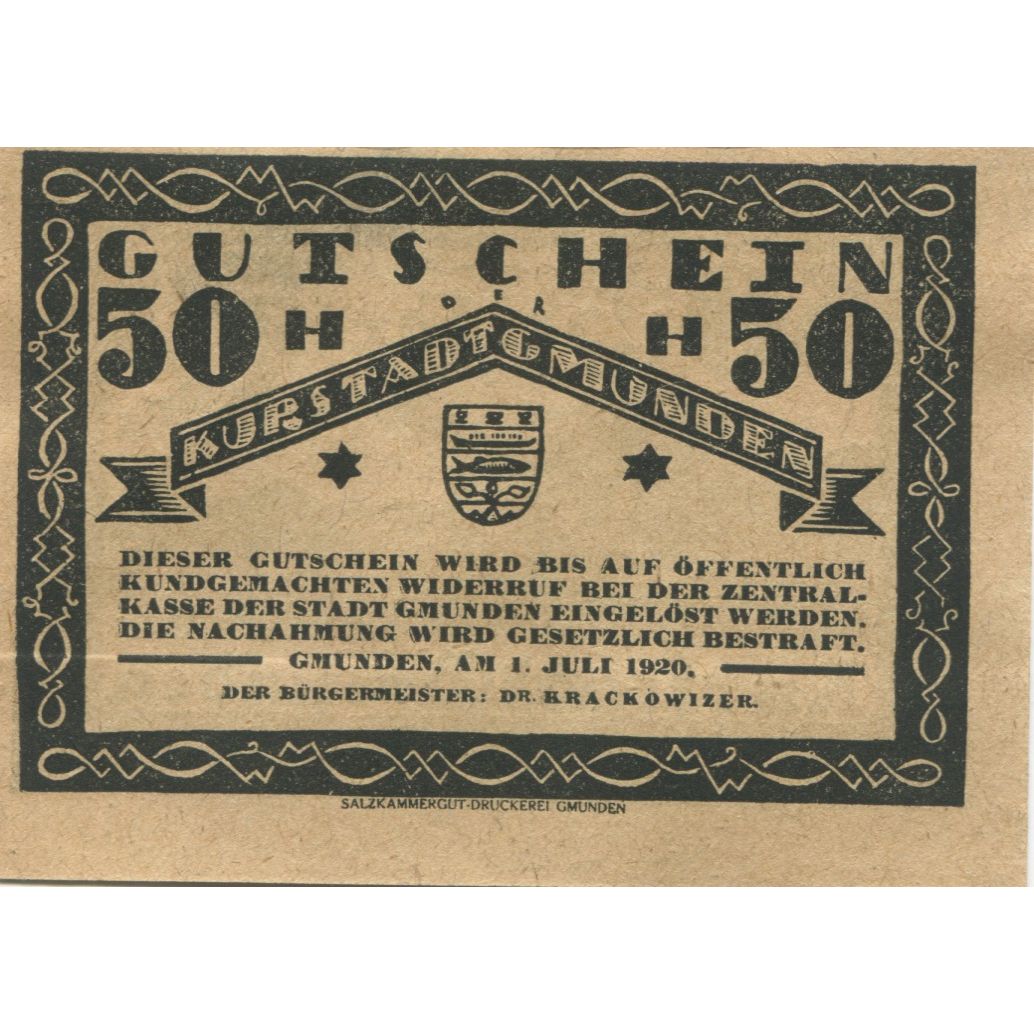 Banknote, Austria, Gmunden, 50 Heller, montagne, 1920 UNC(63) Mehl:FS 240III