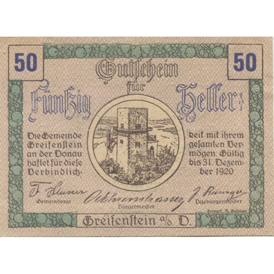Banknote, Austria, Greifenstein, 50 Heller, château, 1920 UNC(63) Mehl:FS 275a