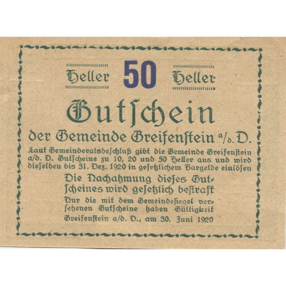Banknote, Austria, Greifenstein, 50 Heller, château, 1920 UNC(63) Mehl:FS 275a