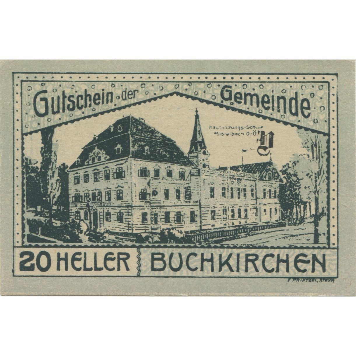 Banknote, Austria, Buchkirchen, 20 Heller, château, 1920 UNC(63) Mehl:FS 114a