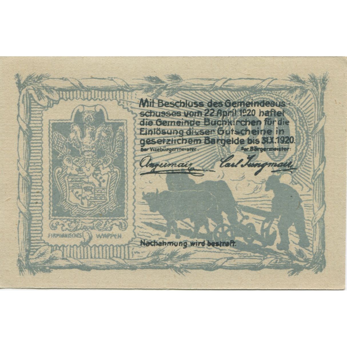 Banknote, Austria, Buchkirchen, 20 Heller, château, 1920 UNC(63) Mehl:FS 114a