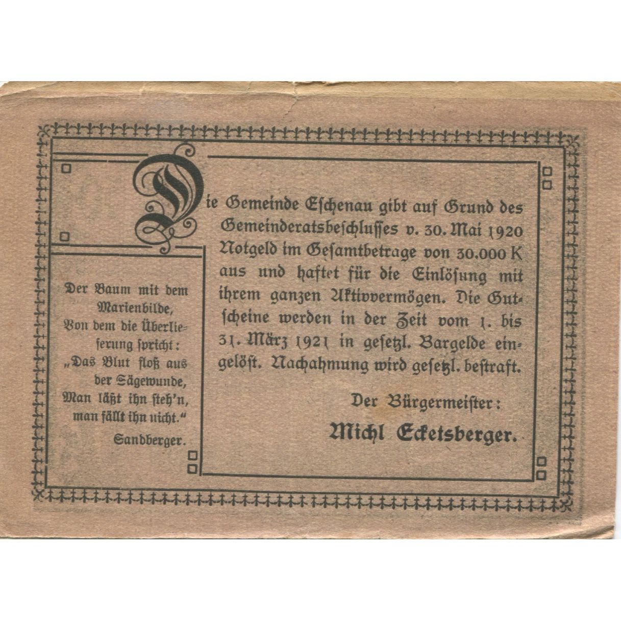 Banknote, Austria, Eschenau, 50 Heller, village, 1921 AU(55-58) Mehl:FS 187a