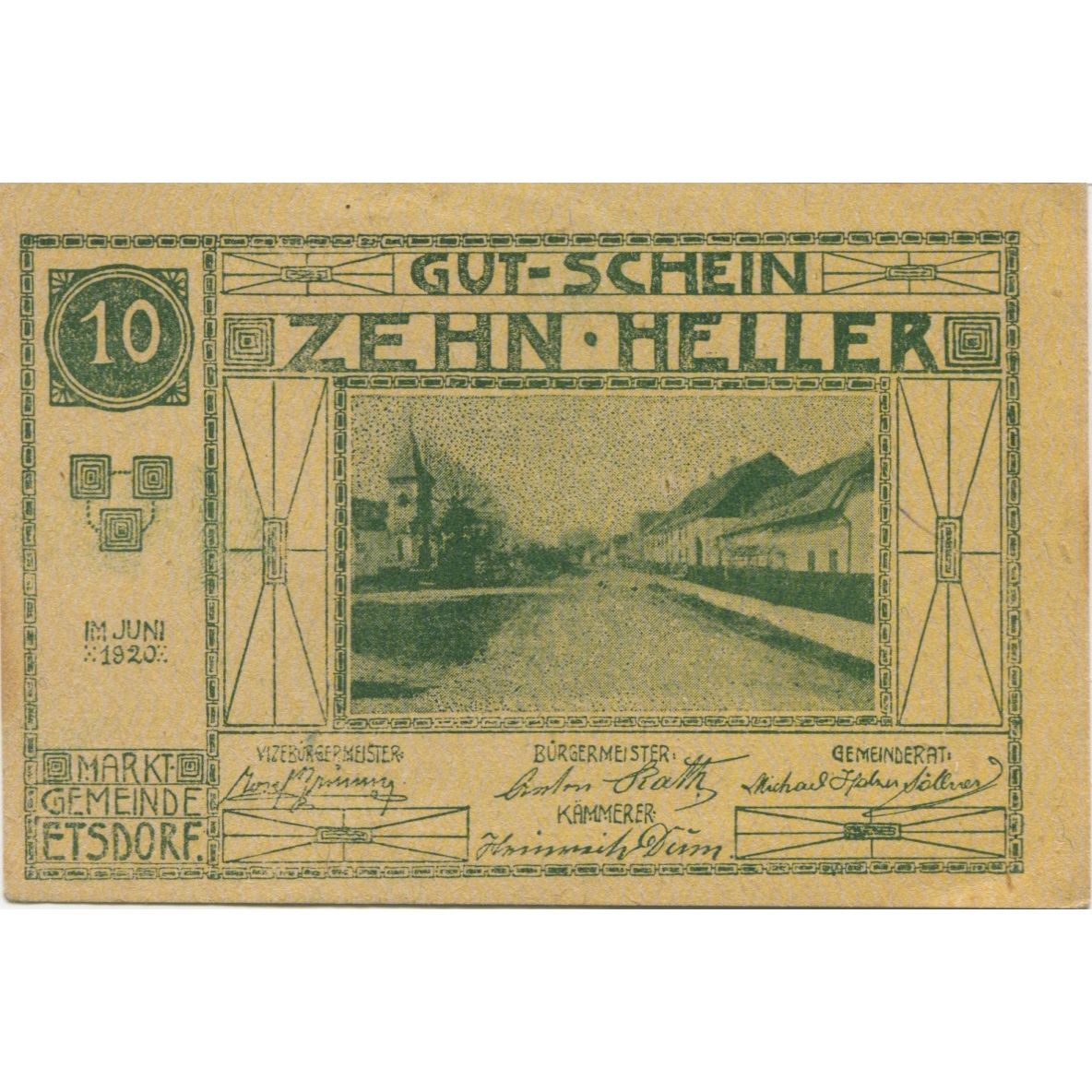 Banknote, Austria, Etsdorf, 10 Heller, village, 1920 UNC(63) Mehl:FS 190a