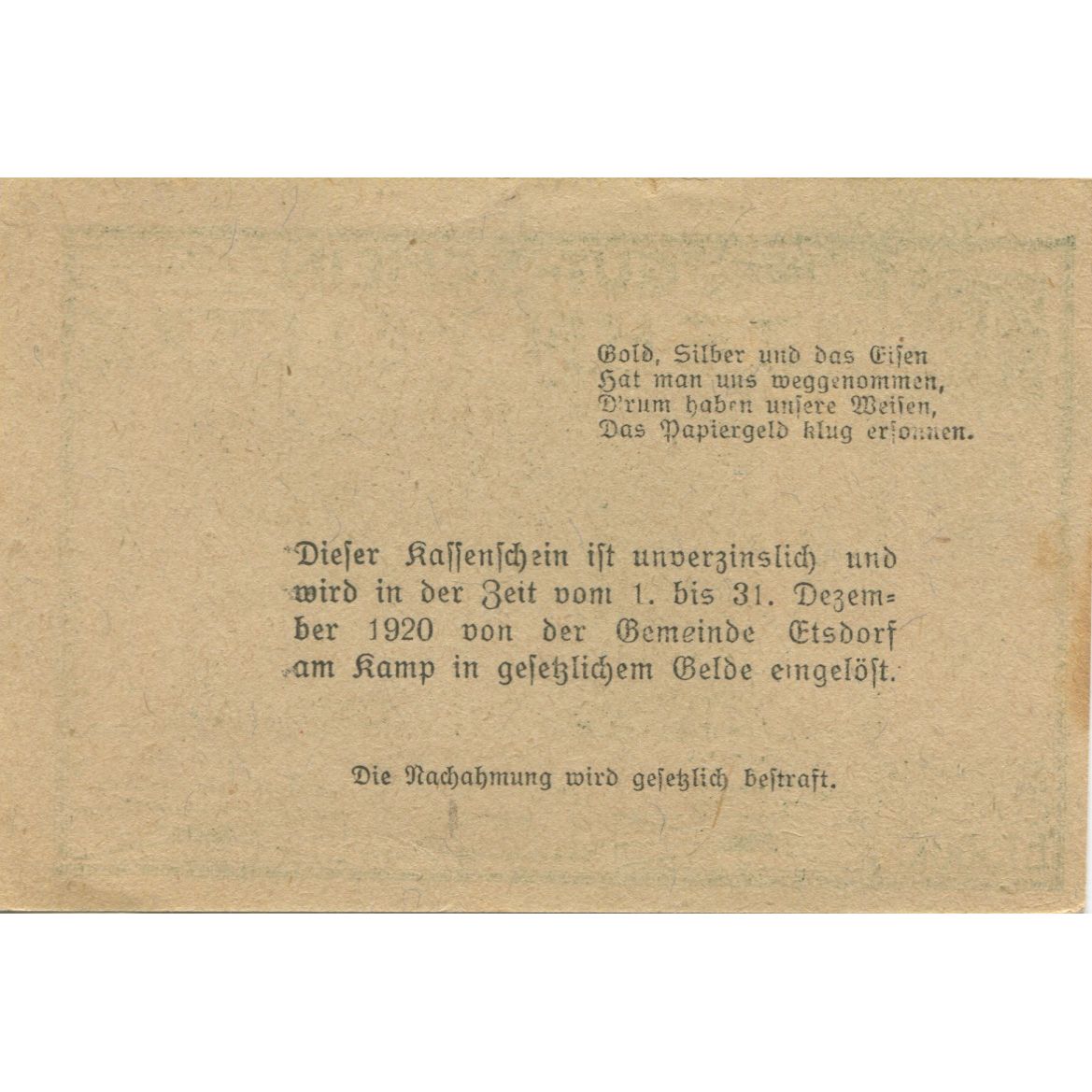Banknote, Austria, Etsdorf, 10 Heller, village, 1920 UNC(63) Mehl:FS 190a