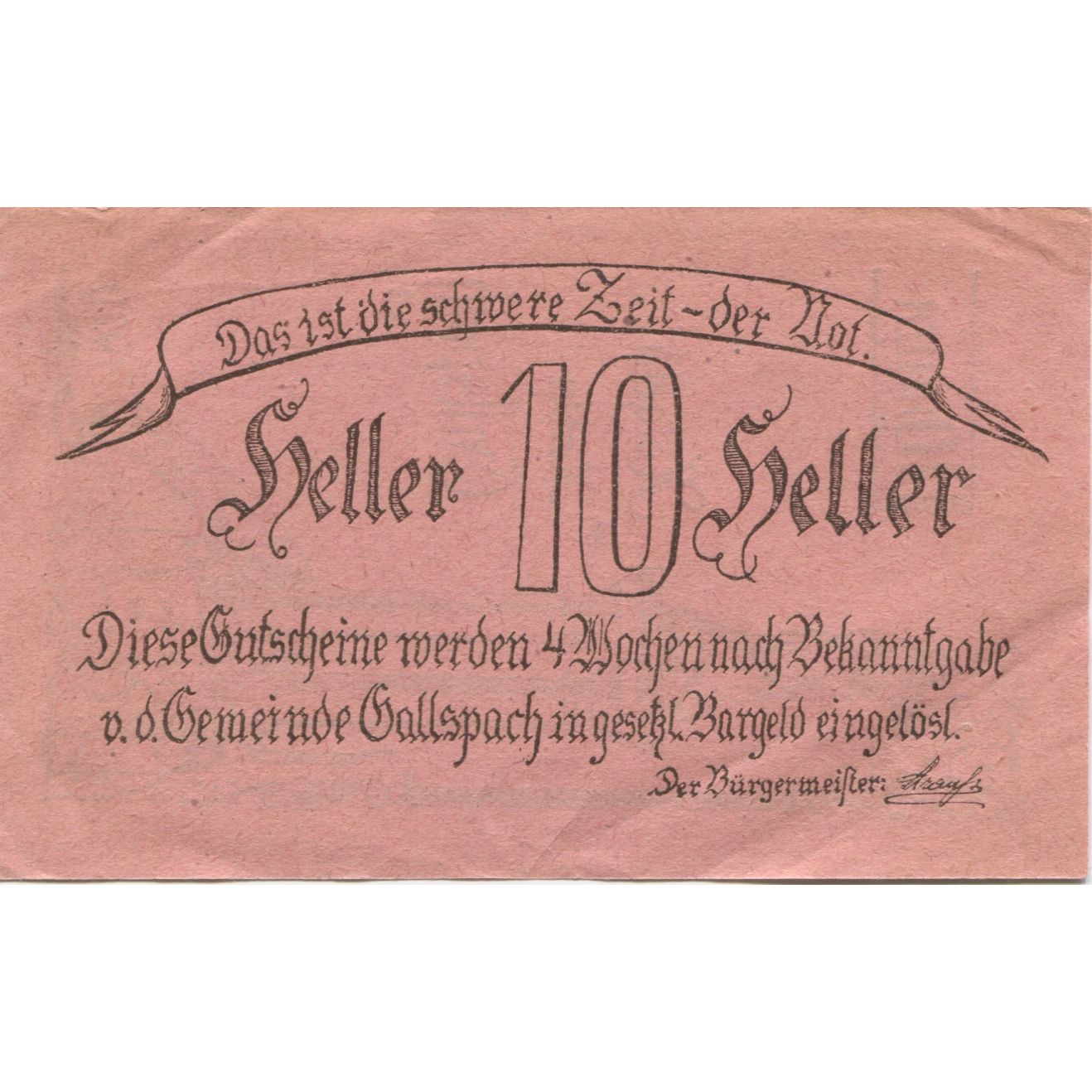 Billete, Austria, Gallspach, 10 Heller, Monument, 1920, EBC, Mehl:FS 219a