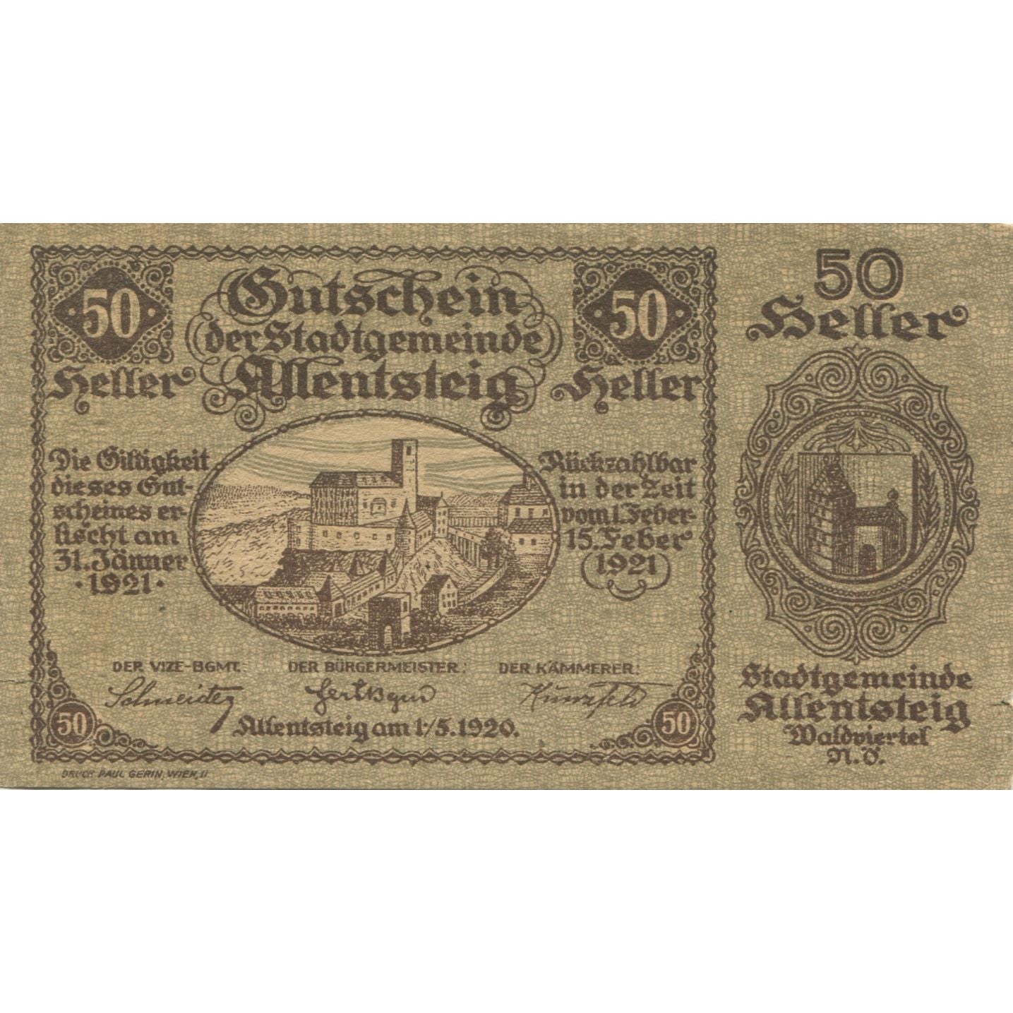 Banknote, Austria, Allentsteig, 50 Heller, château, 1921 AU(55-58) Mehl:FS 20a