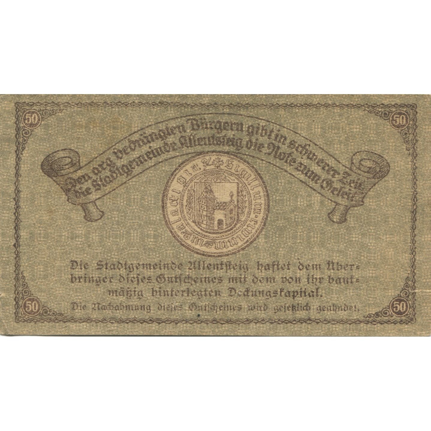 Banknote, Austria, Allentsteig, 50 Heller, château, 1921 AU(55-58) Mehl:FS 20a