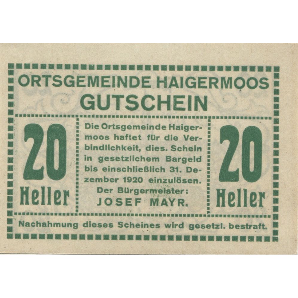 Banknote, Austria, Haigermoos, 20 Heller, Eglise, 1920 UNC(63) Mehl:FS 336