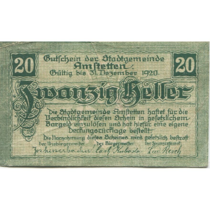 Geldschein, Österreich, Amstetten, 20 Heller, Blason 1920 UNZ- Mehl:FS 37Ia