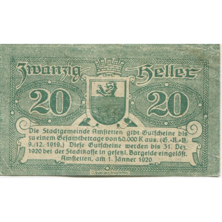Geldschein, Österreich, Amstetten, 20 Heller, Blason 1920 UNZ- Mehl:FS 37Ia