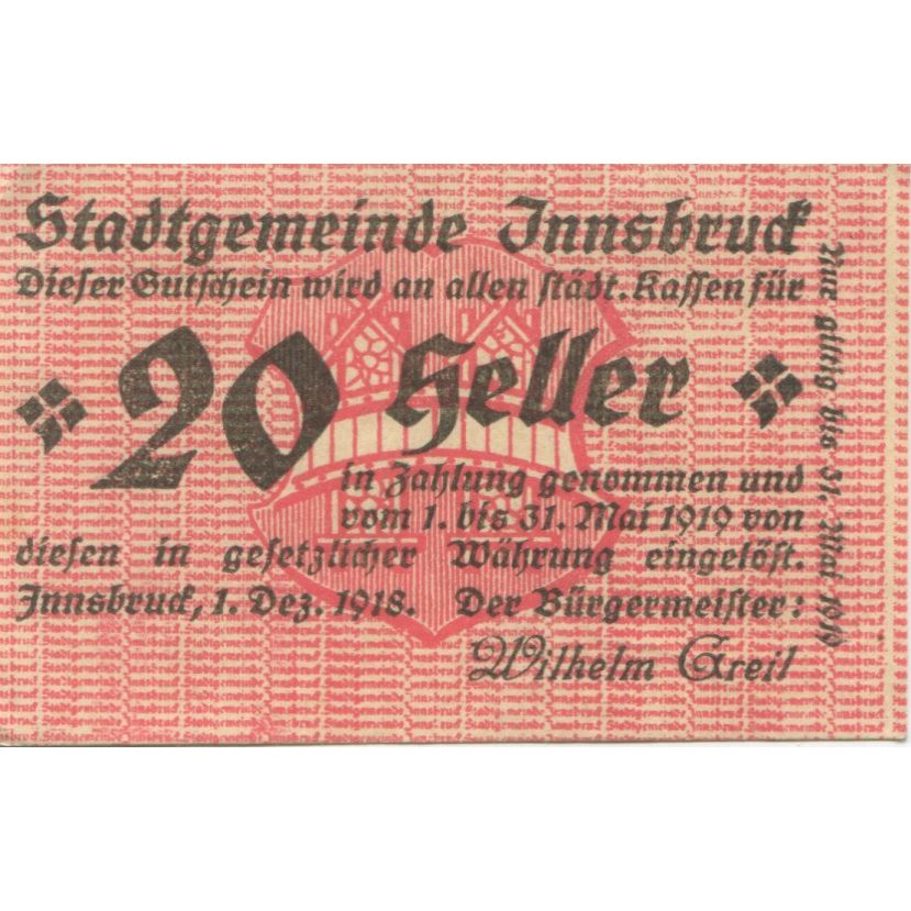 Billete, Austria, Innsbruck, 20 Heller, Texte 1919-05-31, SC, Mehl:FS 409a