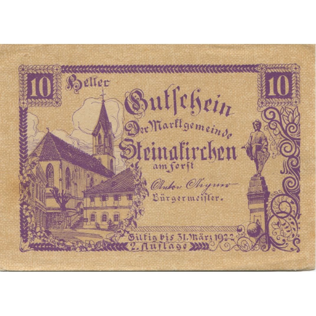 Banknot, Austria, Steinakirchen 10 Heller, Eglise, 1922 SUP Mehl:FS 1017IIb