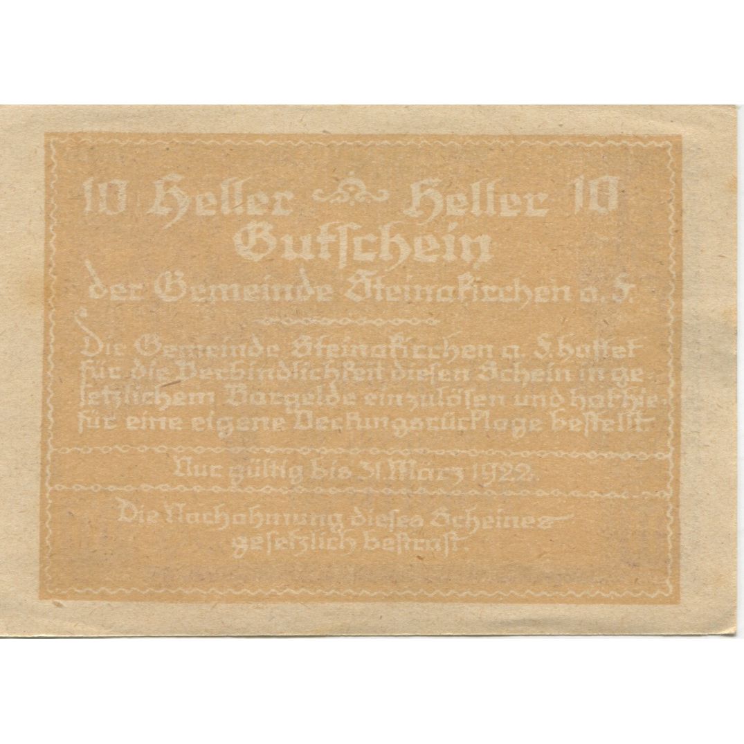 Banknot, Austria, Steinakirchen 10 Heller, Eglise, 1922 SUP Mehl:FS 1017IIb