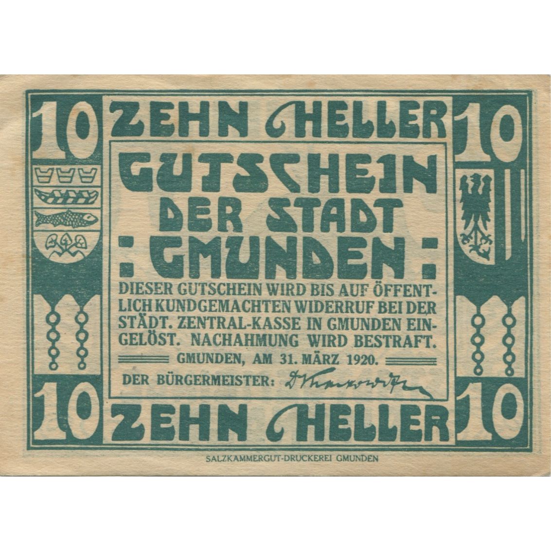 Biljet, Oostenrijk, Gmunden, 10 Heller, mer, 1920-03-31, SPL Mehl:FS 240IIb