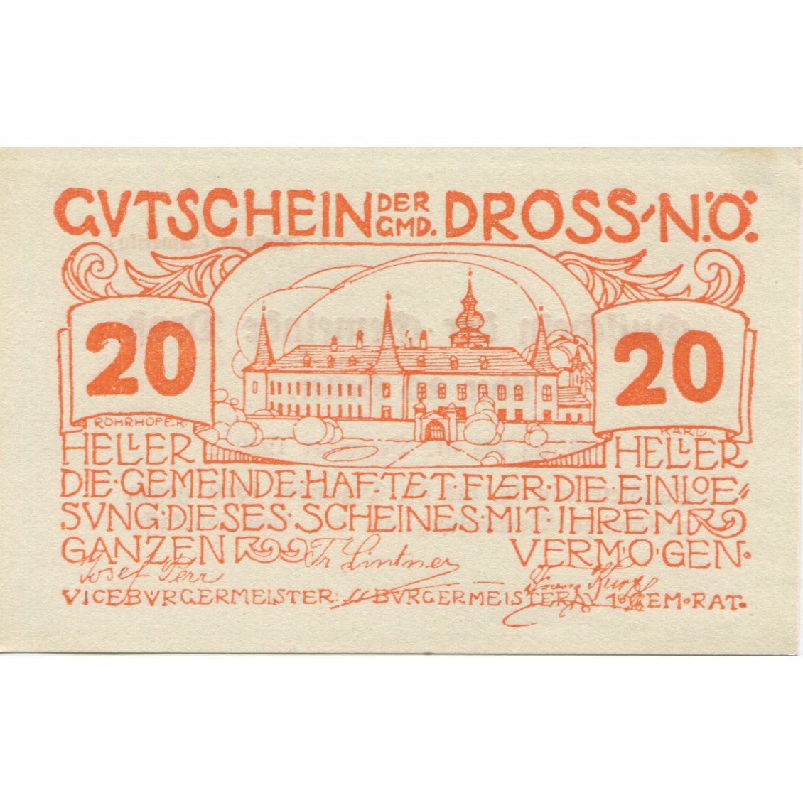 Biljet, Oostenrijk, Dross, 20 Heller, château 1920-12-31, SPL Mehl:FS 135.1