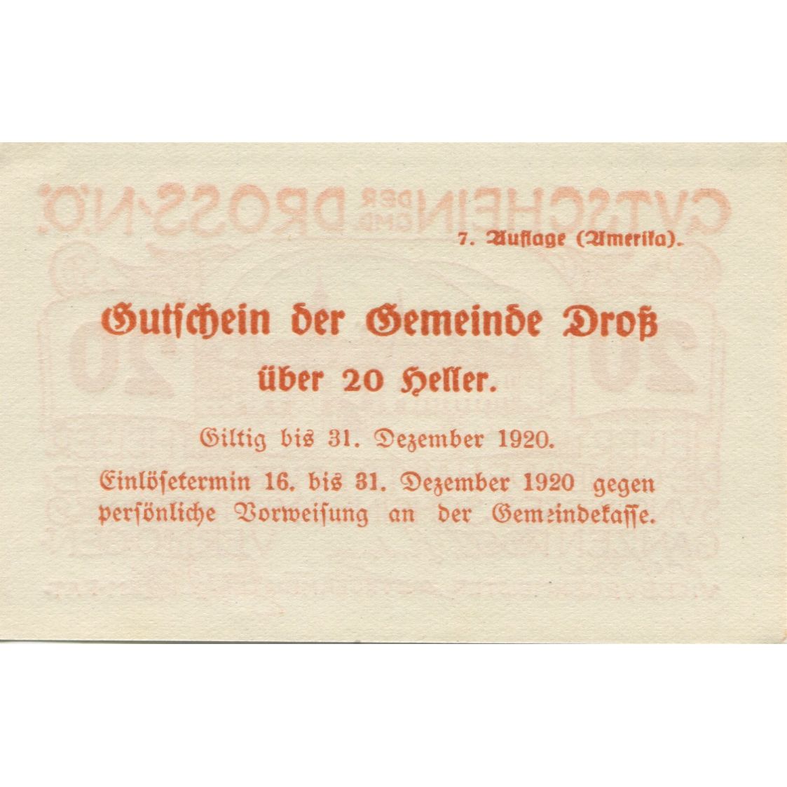 Biljet, Oostenrijk, Dross, 20 Heller, château 1920-12-31, SPL Mehl:FS 135.1