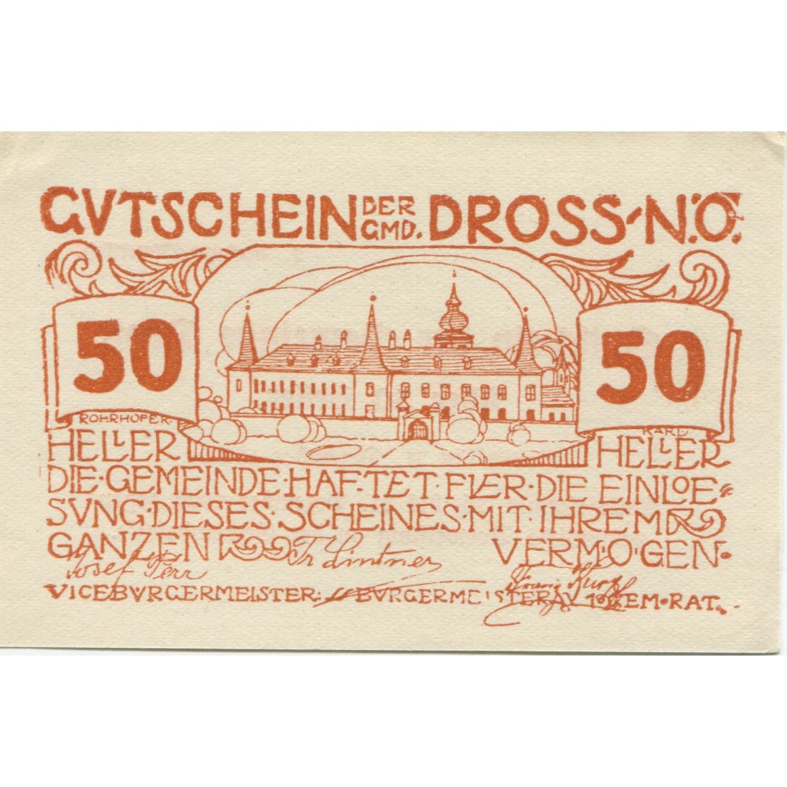Nota, Áustria, Dross, 50 Heller, château 1920-12-31, UNC(63) Mehl:FS 135.1